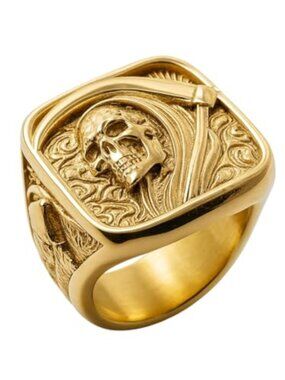 Grim Reaper Ring for Men – Gold Skull with Scythe Signet